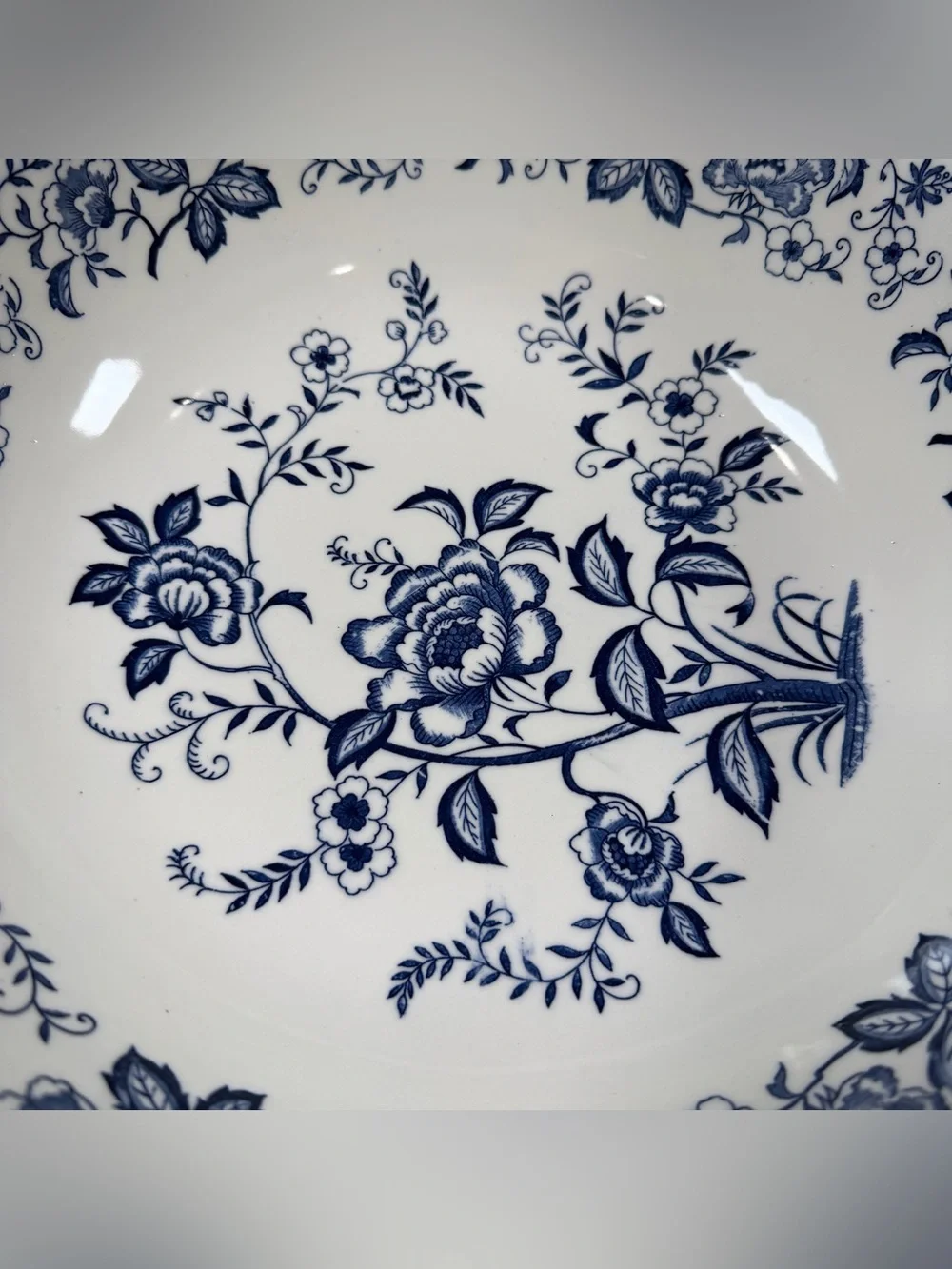 Vintage Blue Peony Hand-Painted 13” Serving Bowl Japan, Cream & Blue